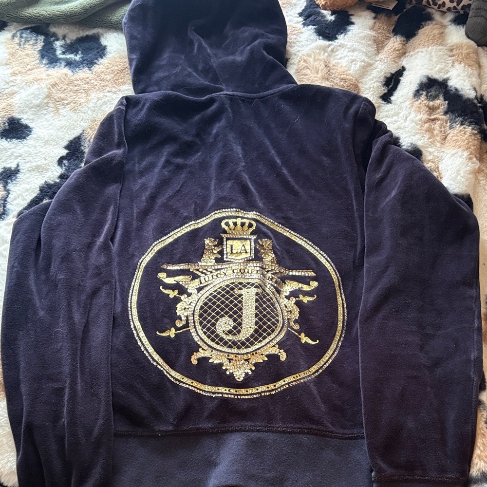 Juicy Couture Velour Zip Up Hoodie with Gold Crest Emblem